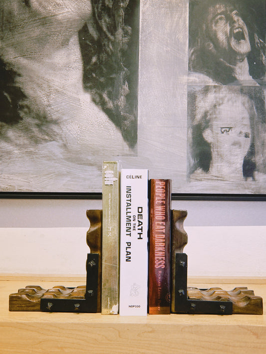 Handcarved wood & iron bookends w/ nailheads
