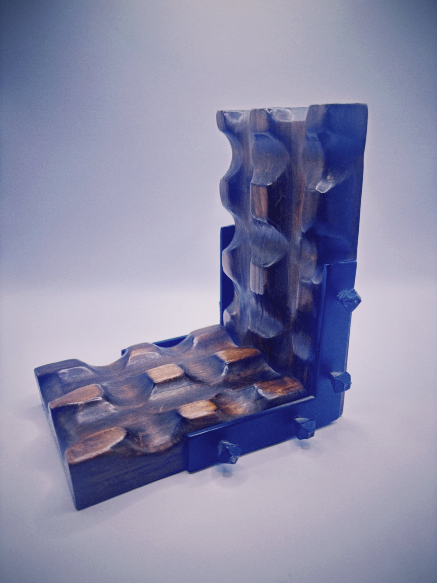 Handcarved wood & iron bookends w/ nailheads