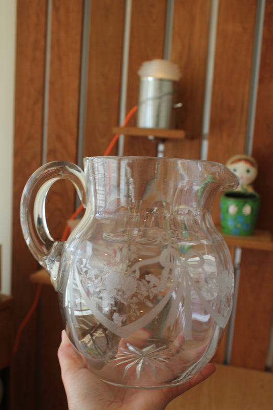 Clear Etched Pitcher w/ Bow Detail