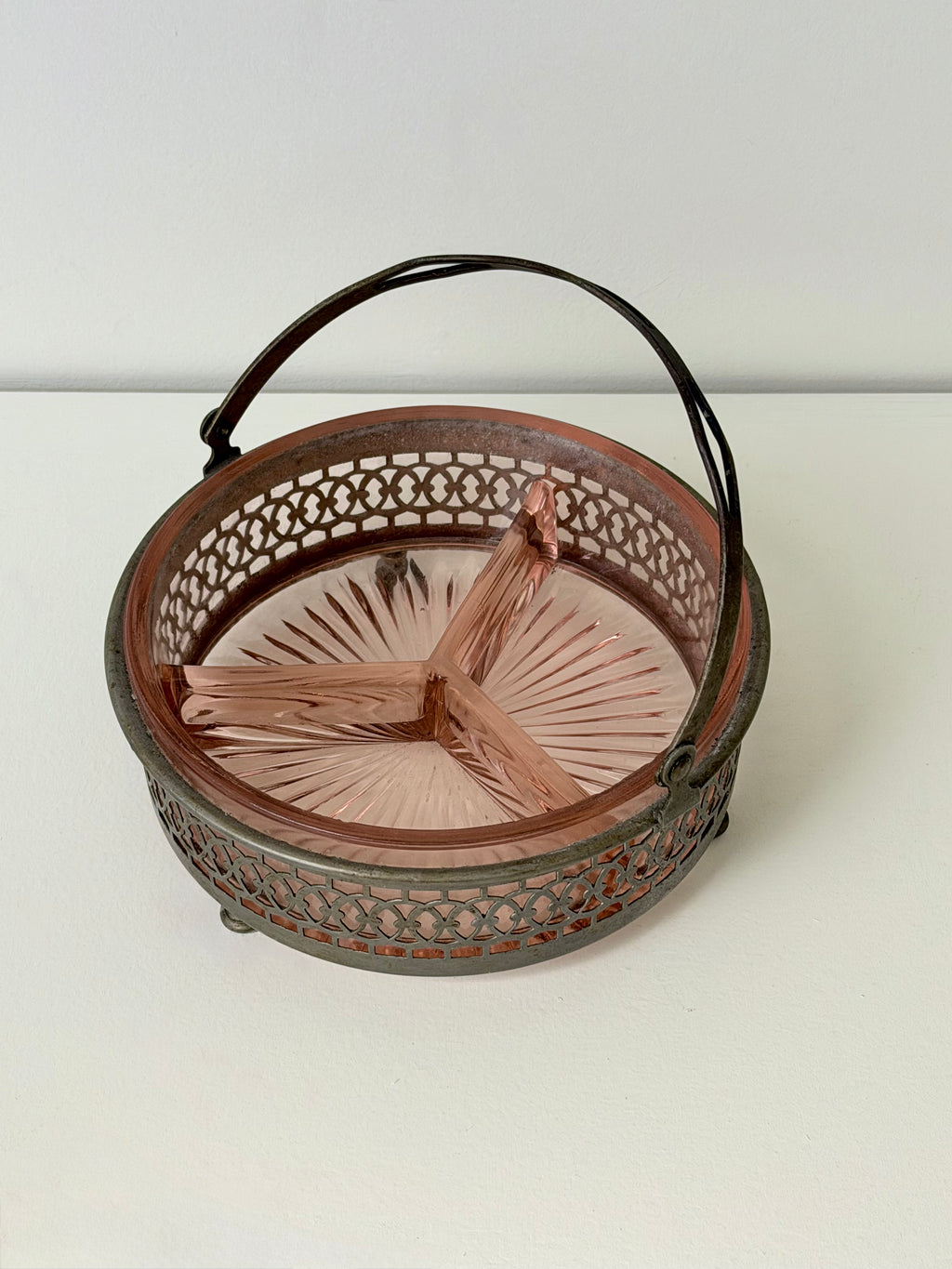 Pink Glass Ashtray with Metal Caddy