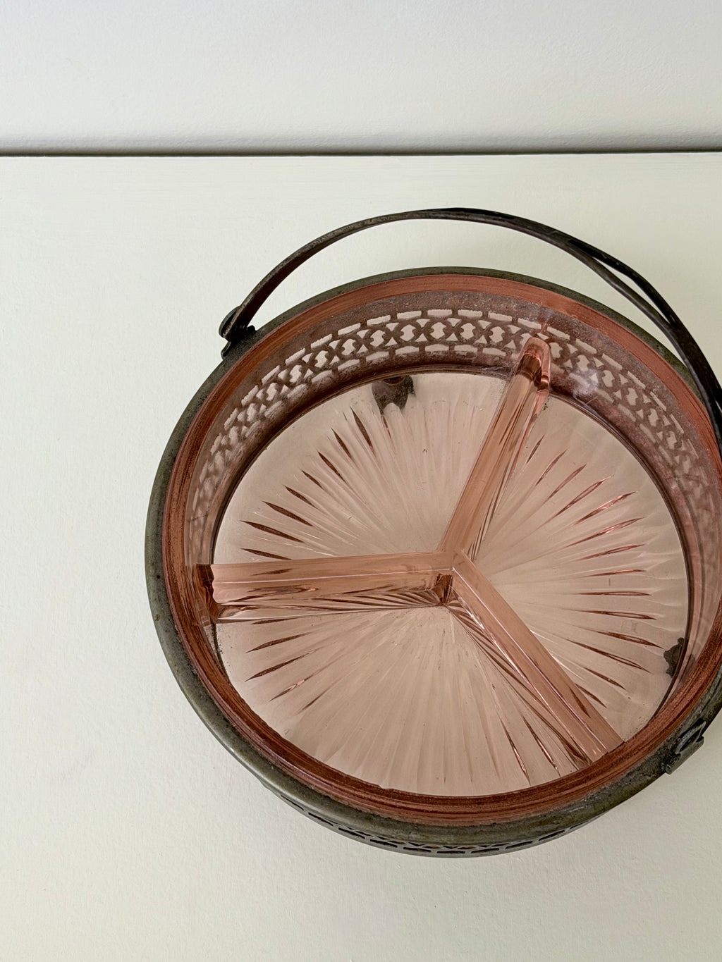 Pink Glass Ashtray with Metal Caddy