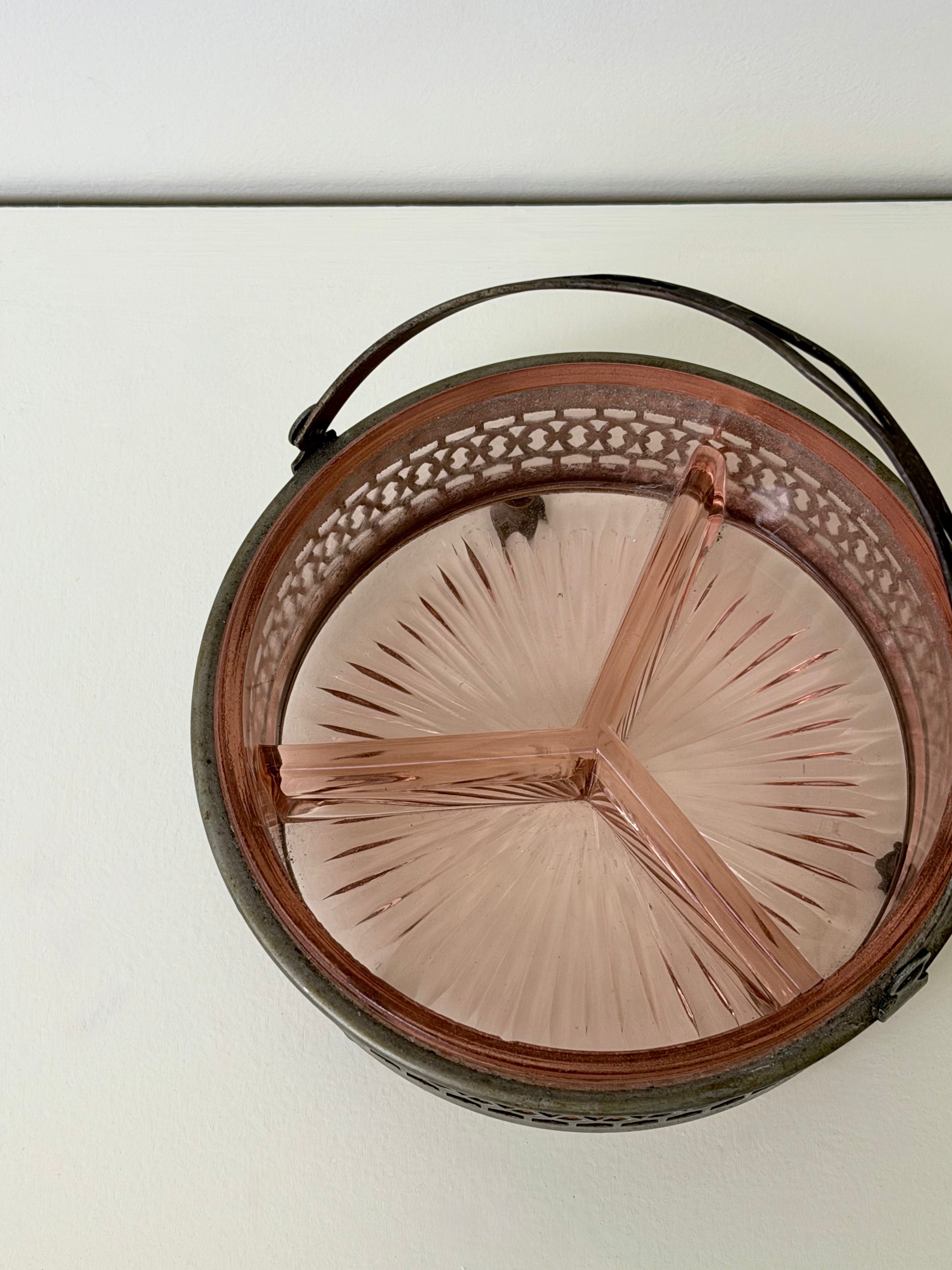 Pink Glass Ashtray with Metal Caddy