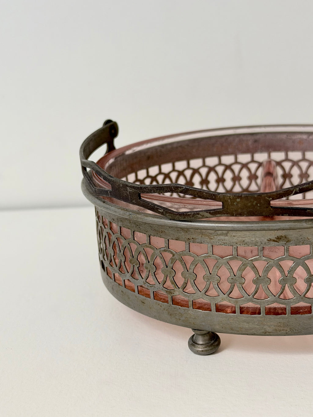 Pink Glass Ashtray with Metal Caddy