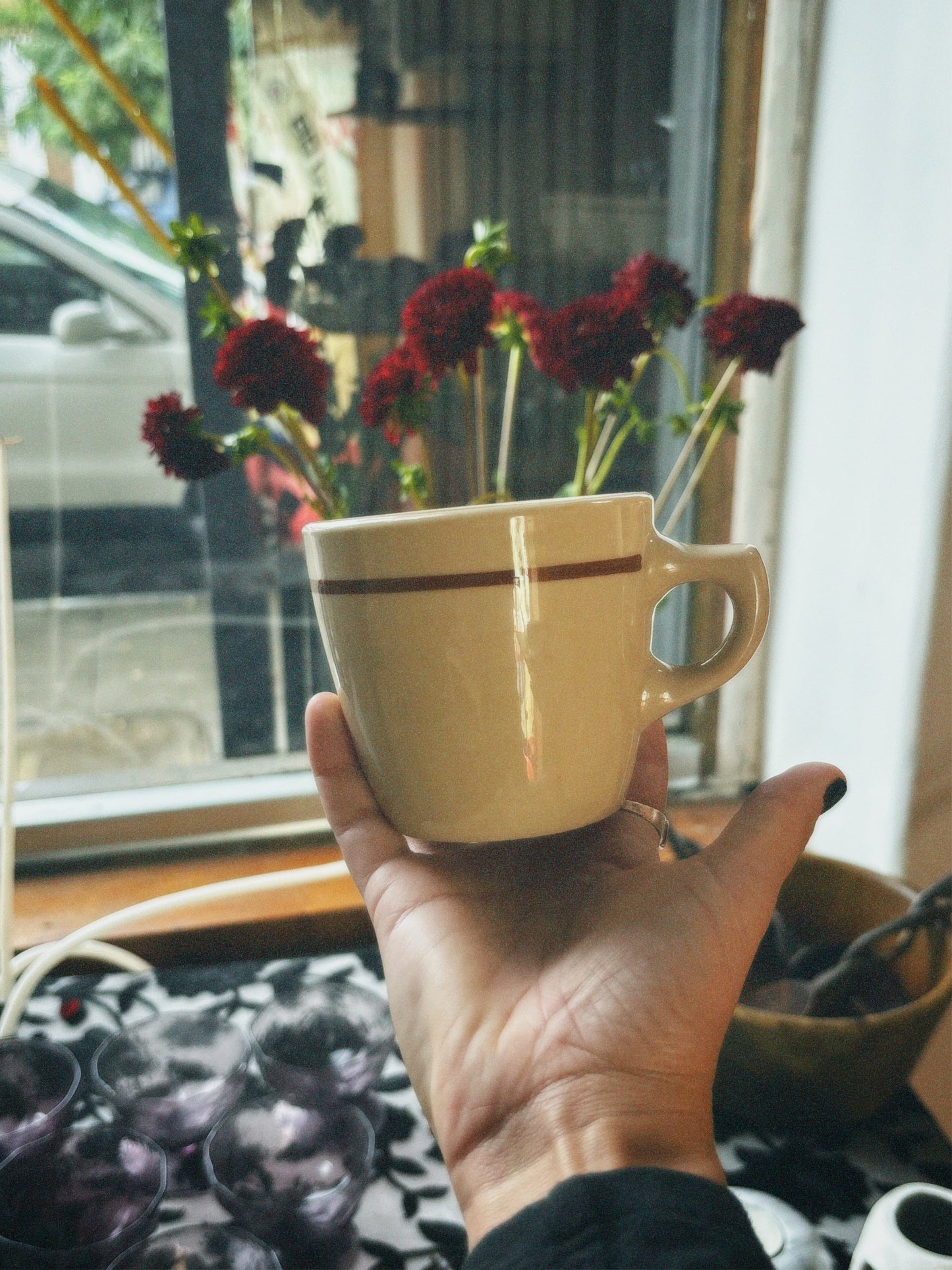 Ceramic Coffee Cup Set of 4 w/ Brown Stripe